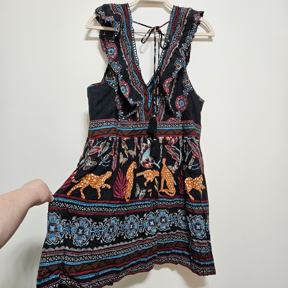 Anthropologie NWOT Cat Jungle Print Ruffle V-Neck Mini Dress Black Multi 2X - Picture 5 of 11